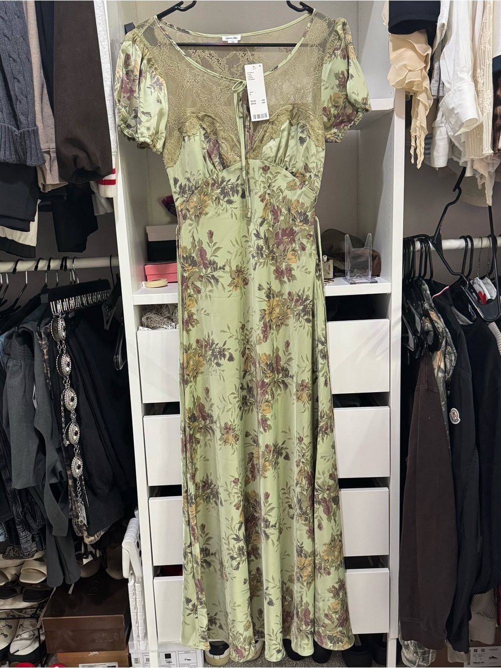 Kimchi Blue Green Floral Lace-Trim Maxi Dress